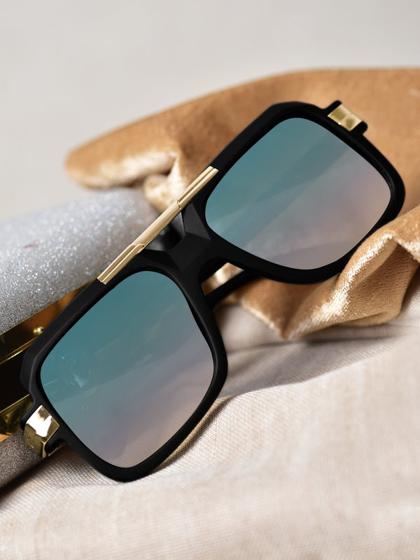 Celebrity Black Plastic and Metal Frame With Green UV Protected Lens Browline Sunglasses for Unisex_LH121-BK