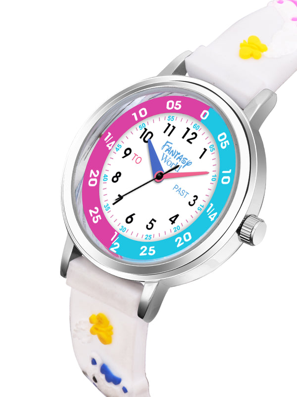 Fantasy World White 3D Print Rubber Strap Time Teacher Analog Watch Boys & Girls FW-25-SL-02