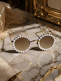 Celebrity Brown Gold-Toned Metal Rimless UV Protected  Pearl Round Sunglasses For Women CL138BR
