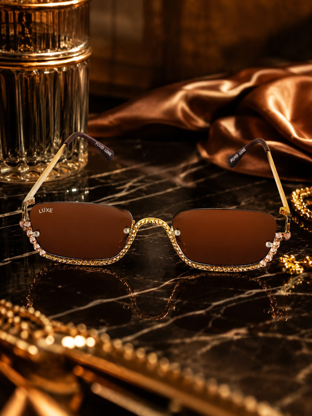 Celebrity Brown Gold-Toned Metal Rimless UV Protected  Crystal Frame Sunglasses For Women CL170BR