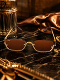 Celebrity Brown Gold-Toned Metal Rimless UV Protected  Crystal Frame Sunglasses For Women CL170BR