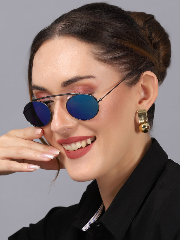 Celebrity Full Rim Black Metal Frame With Blue UV Protected Lens oval Sunglasses for Men & Women_5716402