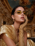 Celebrity Yellow Gold-Toned Metal Rimless UV Protected  Crystal Frame Sunglasses For Women CL173YL