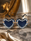Celebrity Black Gold-Toned Metal Rimless UV Protected  Heart Crystal Sunglasses For Women CL101BK