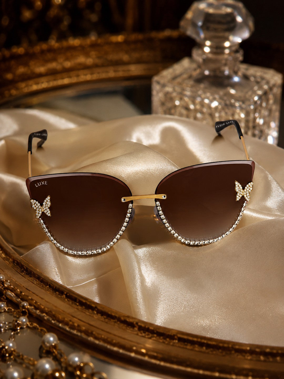 Celebrity Brown Gold-Toned Metal Rimless UV Protected  Butterfly Crystal Sunglasses For Women CL147BR