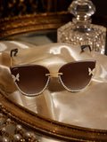 Celebrity Brown Gold-Toned Metal Rimless UV Protected  Butterfly Crystal Sunglasses For Women CL147BR