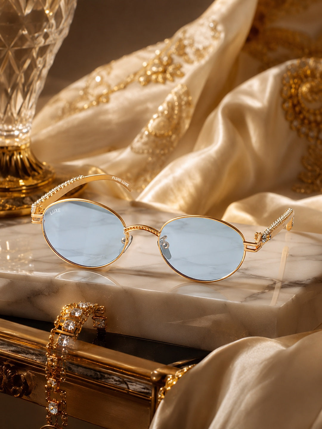 Celebrity Blue Gold-Toned Metal Rimless UV Protected  Oval Luxe Sunglasses For Women CL112BL