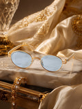 Celebrity Blue Gold-Toned Metal Rimless UV Protected  Oval Luxe Sunglasses For Women CL112BL