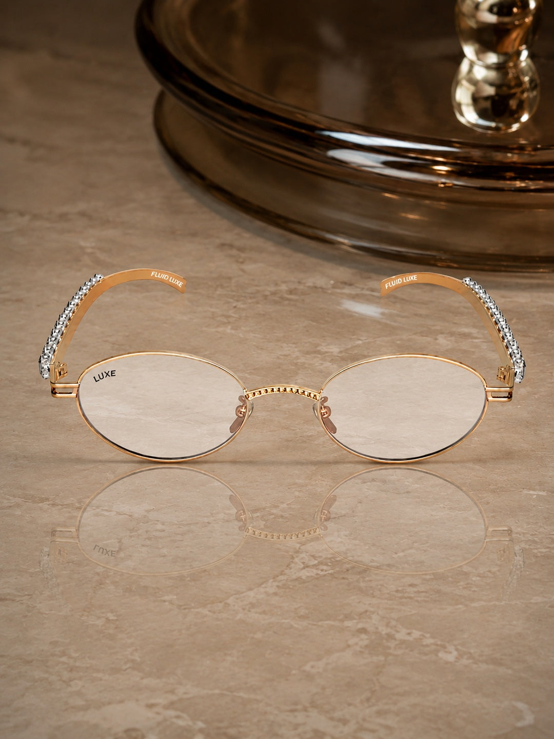 Celebrity Clear Gold-Toned Metal Rimless UV Protected  Oval Luxe Sunglasses For Women CL114GD-TP