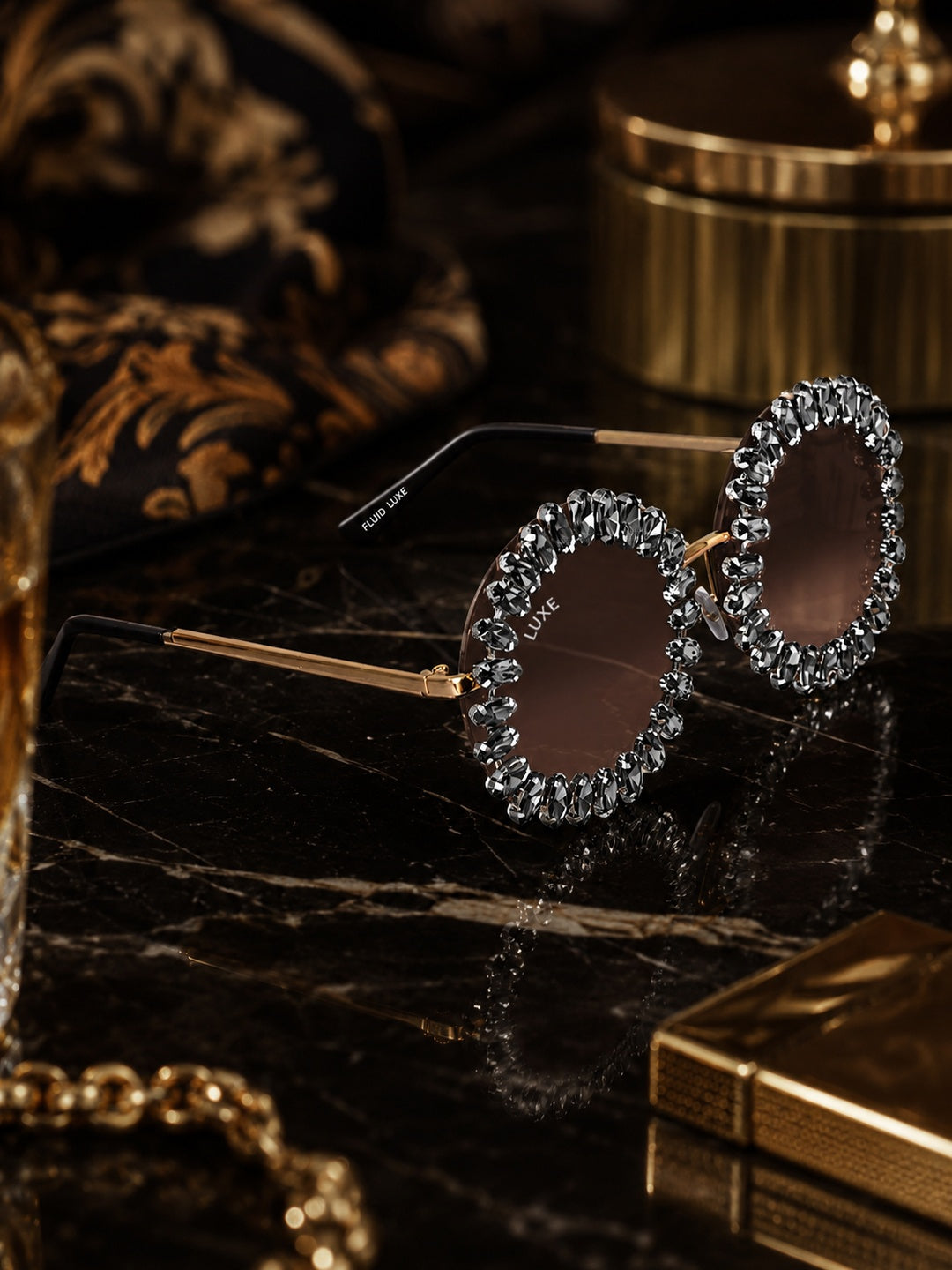Celebrity Brown Gold-Toned Metal Rimless UV Protected  Crystal Round Sunglasses For Women CL151BR