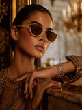 Celebrity Brown Gold-Toned Metal Rimless UV Protected  Crystal Curve Sunglasses For Women CL164BR