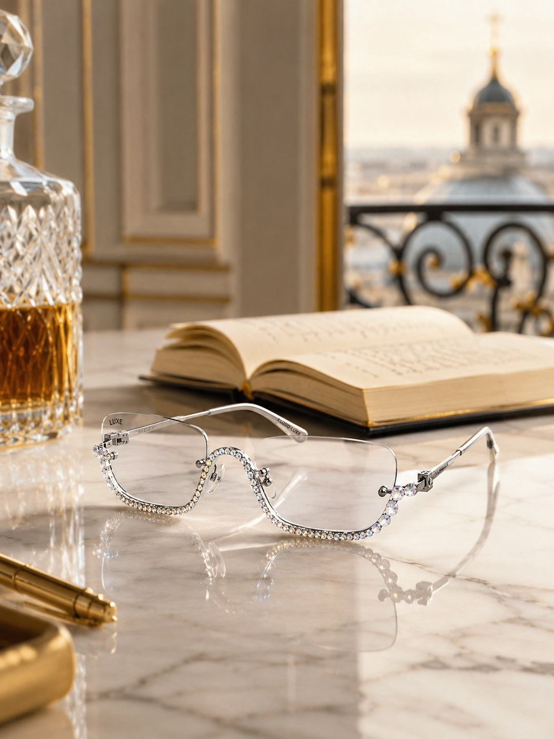 Celebrity Clear Silver-Toned Metal Rimless UV Protected  Crystal Frame Sunglasses For Women CL172TP