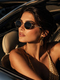 Celebrity Black Gold-Toned Metal Rimless UV Protected  Oval Luxe Sunglasses For Women CL111BK