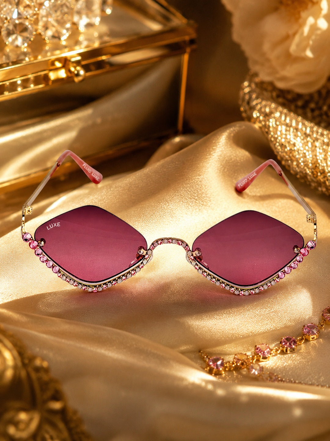 Celebrity Brown Gold-Toned Metal Rimless UV Protected  Diamond Wave Sunglasses For Women CL159BR