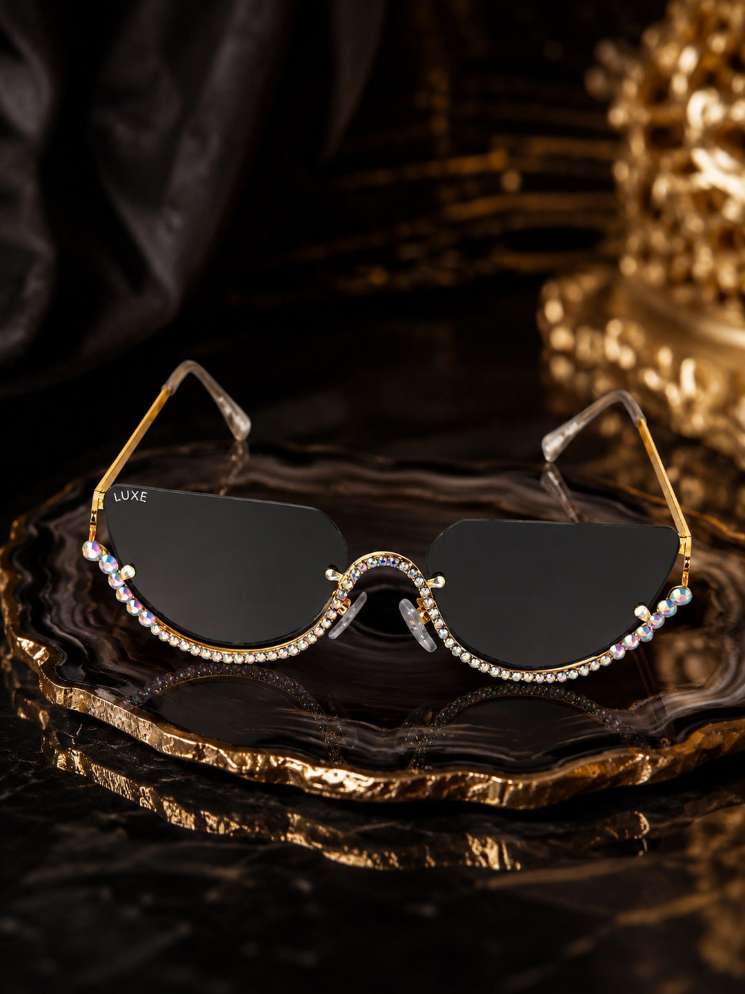 Celebrity Black Gold-Toned Metal Rimless UV Protected  Crystal Curve Sunglasses For Women CL163BK