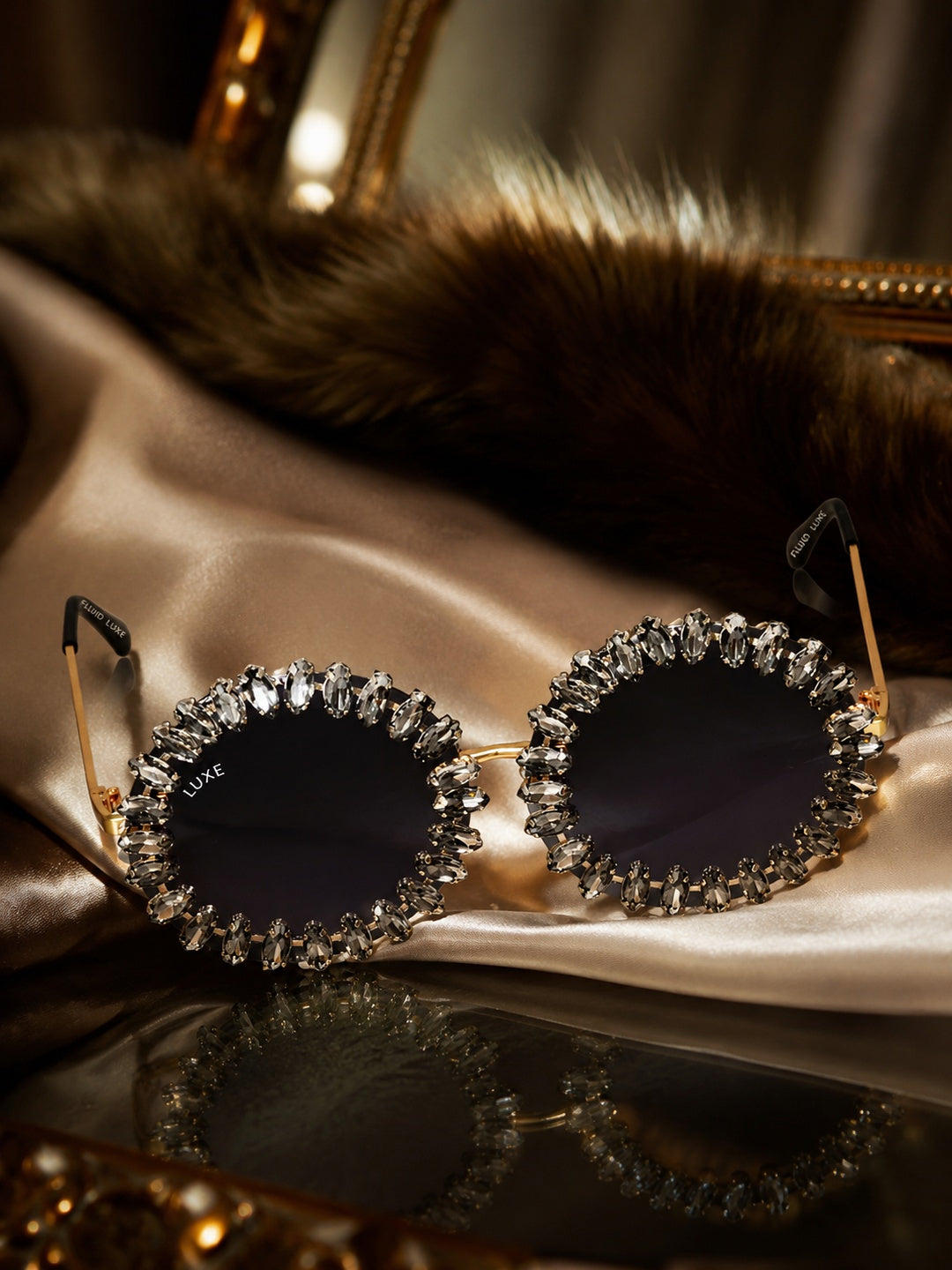 Celebrity Black Gold-Toned Metal Rimless UV Protected  Crystal Round Sunglasses For Women CL149BK1