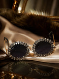 Celebrity Black Gold-Toned Metal Rimless UV Protected  Crystal Round Sunglasses For Women CL149BK1