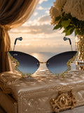 Celebrity Blue Gold-Toned Metal Rimless UV Protected  Butterfly Wing Sunglasses For Women CL120GD-BL