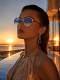 Celebrity Blue Gold-Toned Metal Rimless UV Protected  Crystal-Embellished Geometric Sunglasses For Women CL134BL