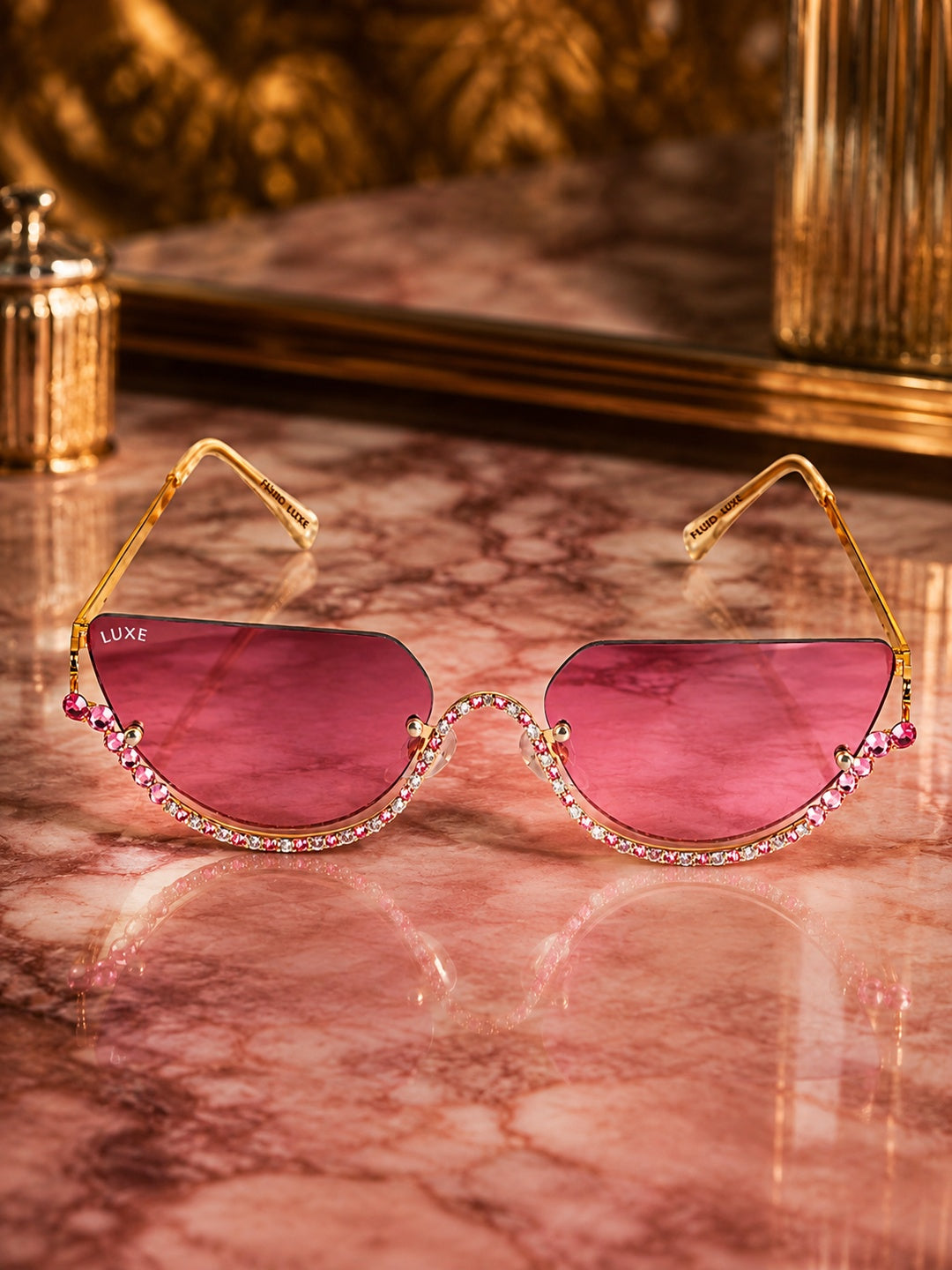Celebrity Pink Gold-Toned Metal Rimless UV Protected  Crystal Curve Sunglasses For Women CL165PK