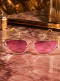 Celebrity Pink Gold-Toned Metal Rimless UV Protected  Crystal Curve Sunglasses For Women CL165PK