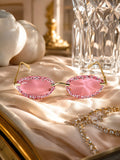Celebrity Pink Gold-Toned Metal Rimless UV Protected  Crystal Oval Sunglasses For Women CL156PK