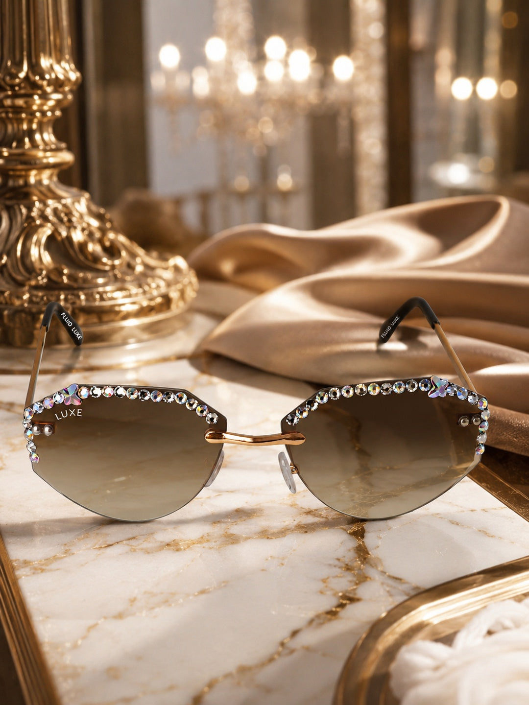 Celebrity Brown Gold-Toned Metal Rimless UV Protected  Crystal-Embellished Geometric Sunglasses For Women CL135BR