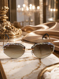 Celebrity Brown Gold-Toned Metal Rimless UV Protected  Crystal-Embellished Geometric Sunglasses For Women CL135BR