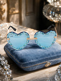 Celebrity Black Gold-Toned Metal Rimless UV Protected  Heart Crystal Sunglasses For Women CL101BK