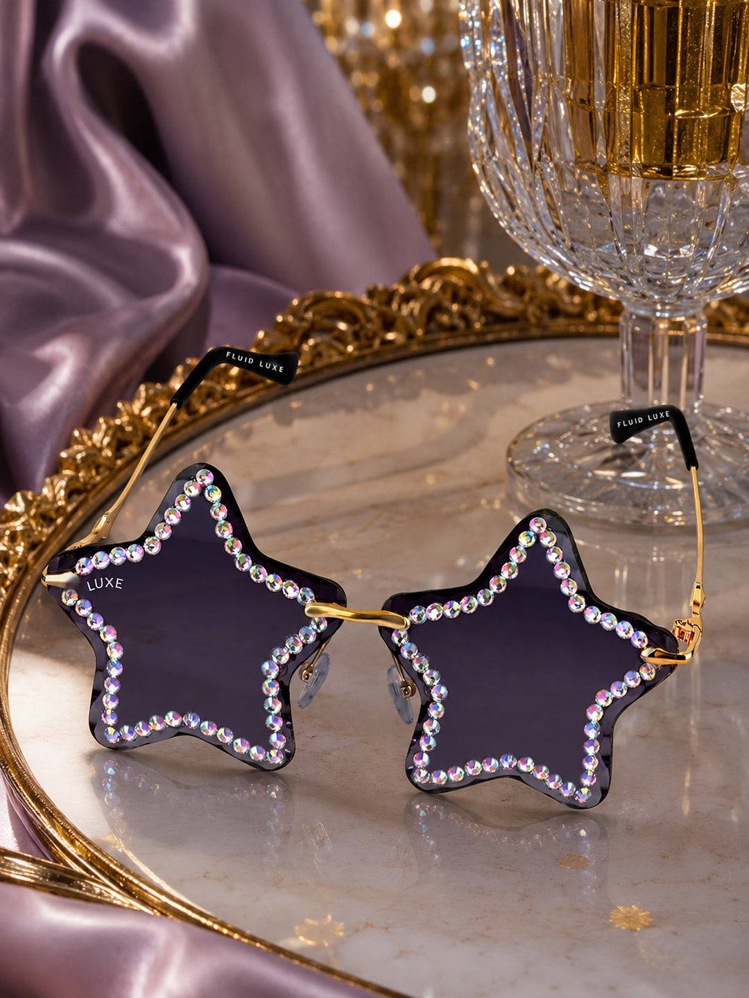 Celebrity Black Gold-Toned Metal Rimless UV Protected  Star Crystal Sunglasses For Women CL128BK