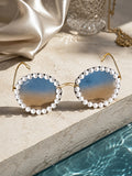 Celebrity Green Gold-Toned Metal Rimless UV Protected  Pearl Round Sunglasses For Women CL139GR