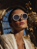 Celebrity Black Gold-Toned Metal Rimless UV Protected  Pearl Round Sunglasses For Women CL137BK