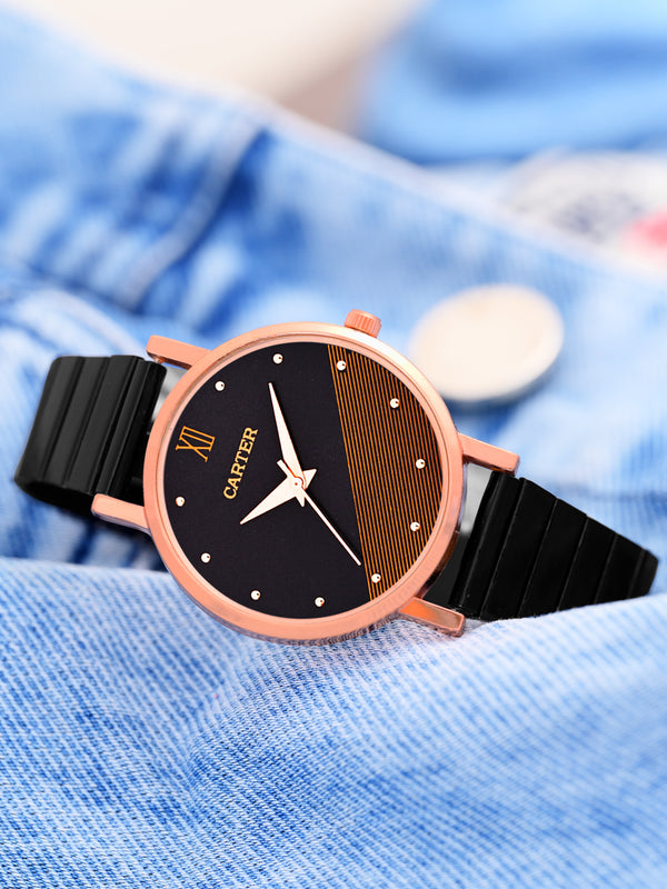 Sandy D Carter Metal Rose Gold Analogue Round Watches for Women_SDC24-53-RG-BK