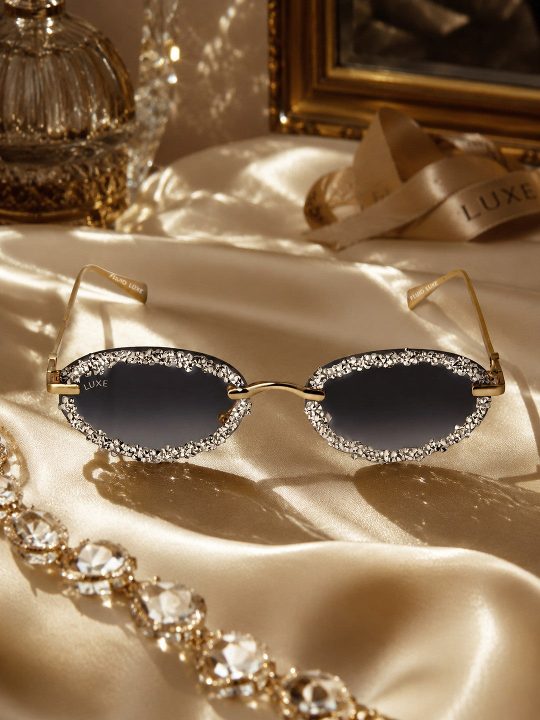 Celebrity Black Gold-Toned Metal Rimless UV Protected  Crystal Sunglasses For Women CL127SL-BK