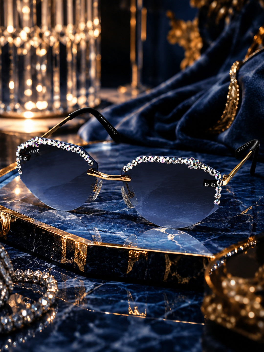 Celebrity Black Gold-Toned Metal Rimless UV Protected  Crystal-Embellished Geometric Sunglasses For Women CL133BK