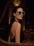 Celebrity Black Gold-Toned Metal Rimless UV Protected  Crystal Round Sunglasses For Women CL150BK2
