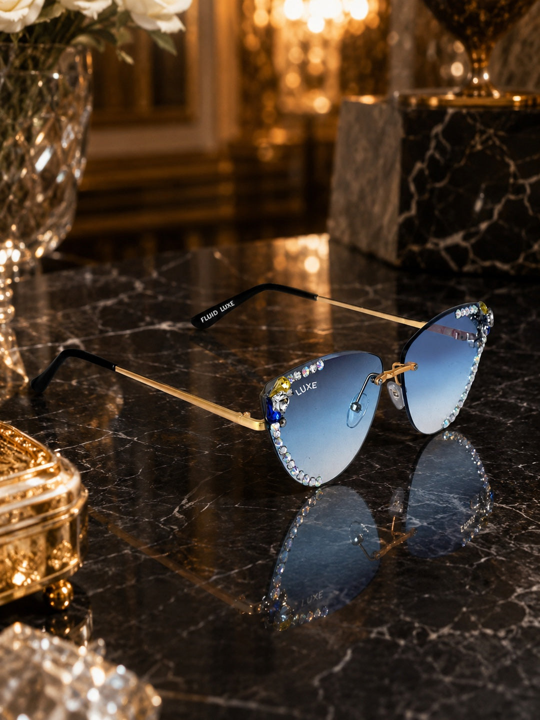 Celebrity Blue Gold-Toned Metal Rimless UV Protected  Crystal Edge Sunglasses For Women CL141BL
