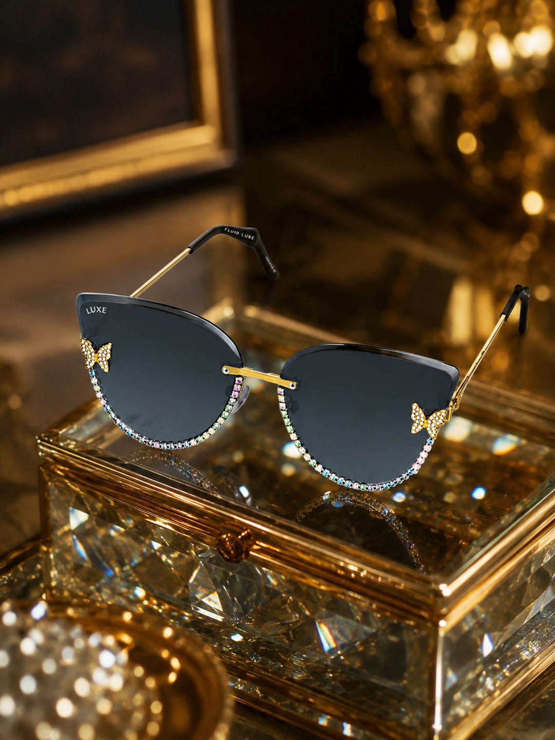 Celebrity Black Gold-Toned Metal Rimless UV Protected  Butterfly Crystal Sunglasses For Women CL145BK
