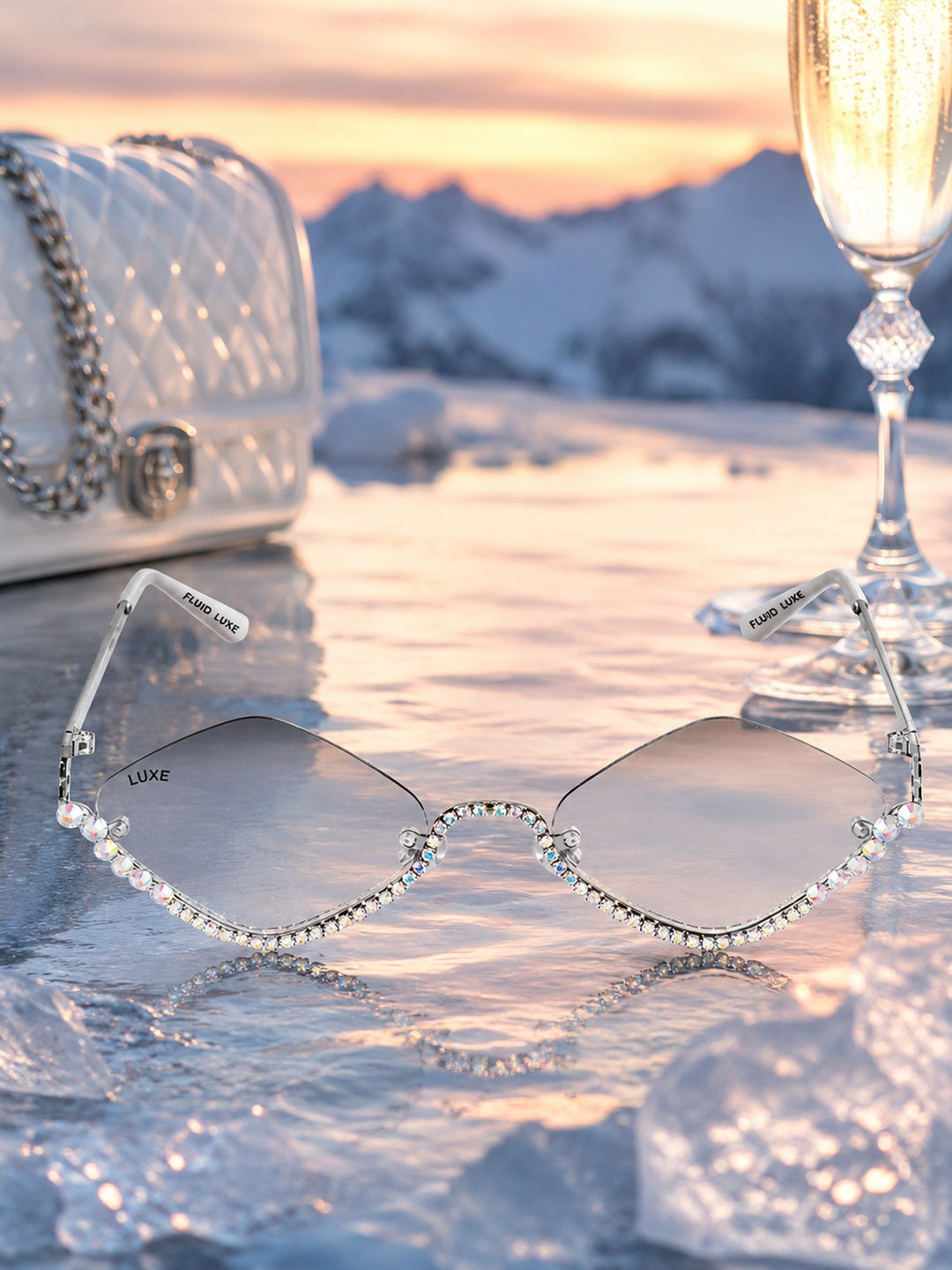 Celebrity Clear Silver-Toned Metal Rimless UV Protected  Diamond Wave Sunglasses For Women CL161TP