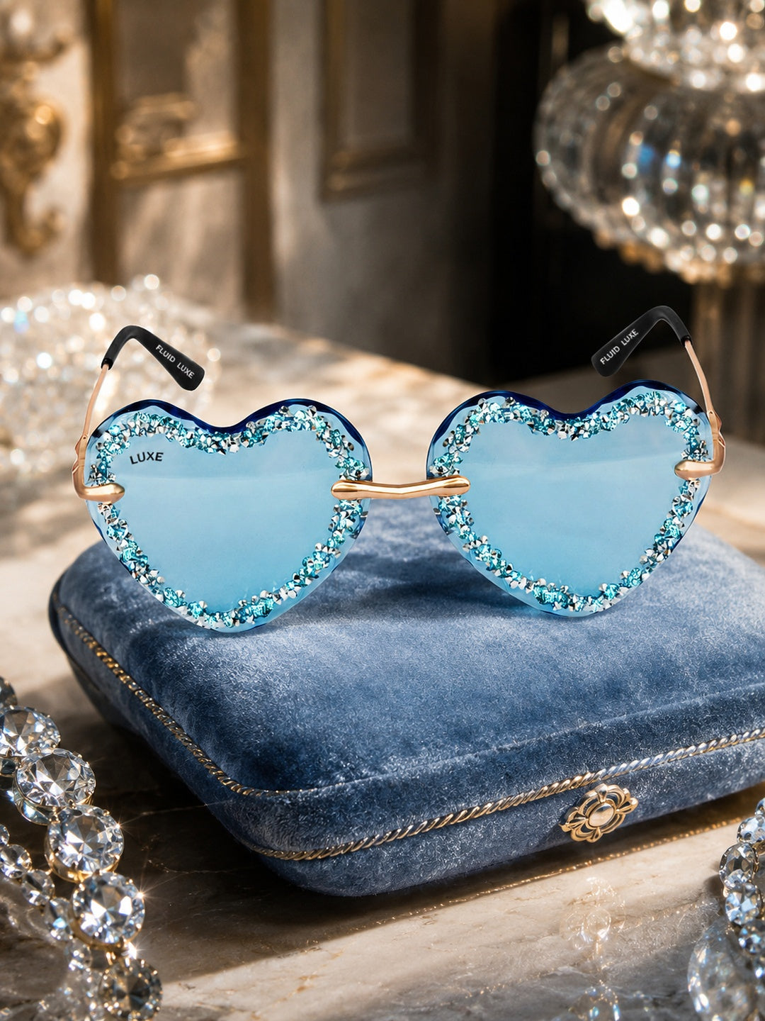 Celebrity Blue Gold-Toned Metal Rimless UV Protected  Heart Crystal Sunglasses For Women CL102BL