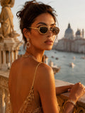 Celebrity Brown Gold-Toned Metal Rimless UV Protected  Crystal Oval Sunglasses For Women CL155BR