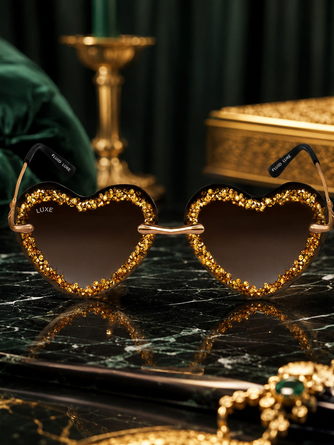Celebrity Brown Gold-Toned Metal Rimless UV Protected  Heart Crystal Sunglasses For Women CL103BR