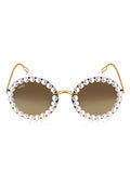 Celebrity Brown Gold-Toned Metal Rimless UV Protected  Pearl Round Sunglasses For Women CL138BR