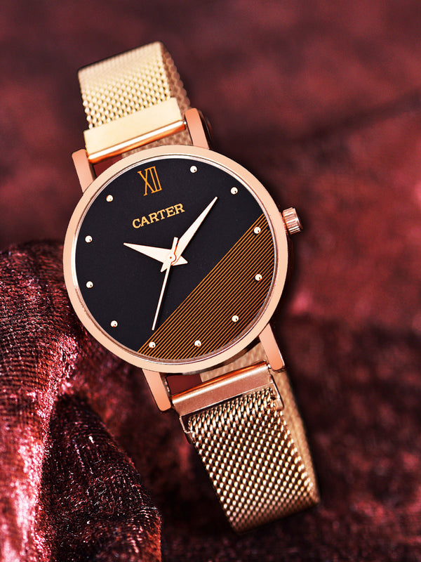 Sandy D Carter Metal Rose Gold Analogue Round Watches for Women_SDC24-75-RG-BK