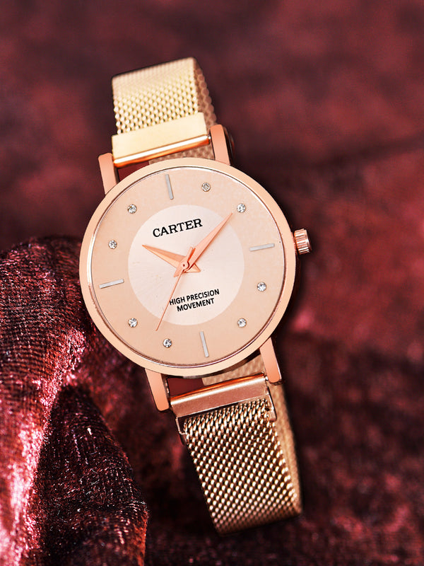 Sandy D Carter Metal Rose Gold Analogue Round Watches for Women_SDC24-75-RG-RG