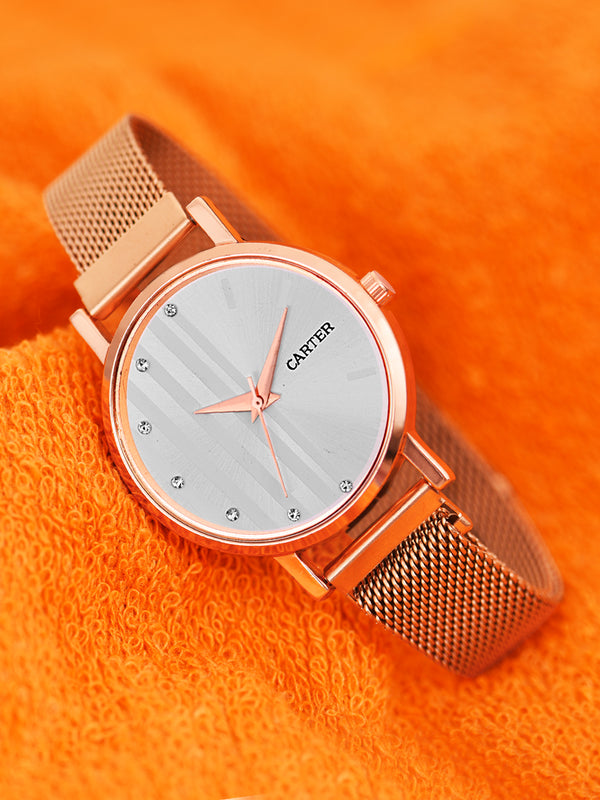 Sandy D Carter Metal Rose Gold Analogue Round Watches for Women_SDC24-71-RG-WH
