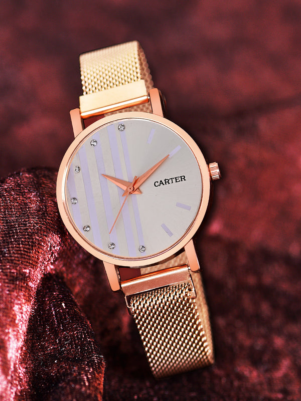 Sandy D Carter Metal Rose Gold Analogue Round Watches for Women_SDC24-71-RG-PK