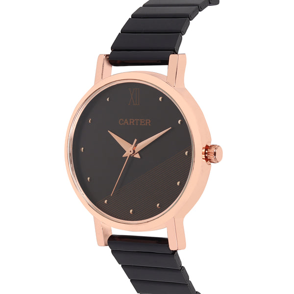 Sandy D Carter Metal Rose Gold Analogue Round Watches for Women_SDC24-53-RG-BK