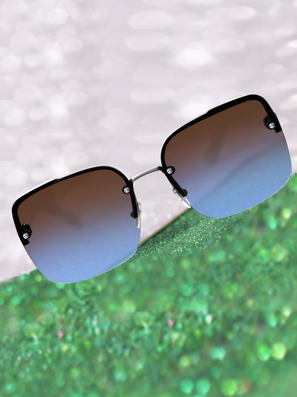 Celebrity Blue Plastic and Metal Frame With Blue UV Protected Lens Browline Sunglasses for Unisex_2323-BK