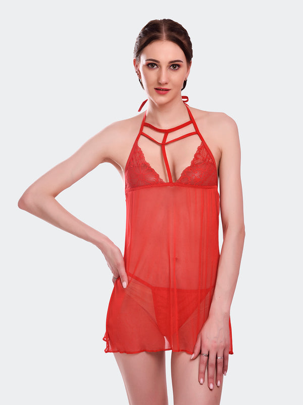 Fleurt Red Spendex Net Baby Doll Dress for Women HOBF-BD-0368-RD